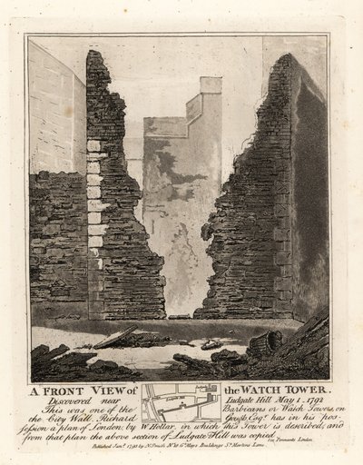 Vooraanzicht van de Wachttoren of Barbican in de Stadsmuur ontdekt nabij Ludgate Hill, 1 mei 1792 door John Thomas Smith