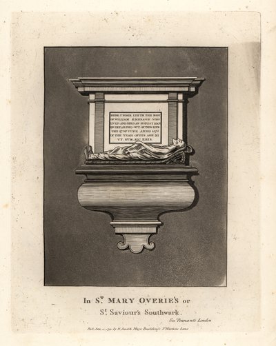 Grafbeeld en monument voor eerlijke man William Emerson, overleden 1575, in St Mary Overie