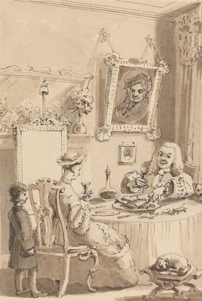 Hogarth drinkt het eerste glas wijn met zijn vrouw - hun honden houden respectvolle afstand door John Thomas Smith