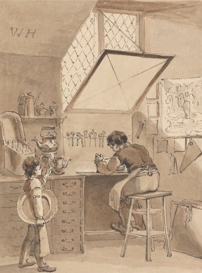 Hogarth graveert het winkelbord van zijn meester, het teken van de engel door John Thomas Smith