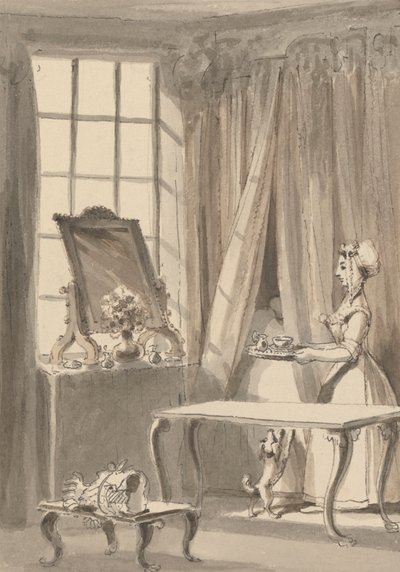 Hogarth heeft ontbijt gemaakt en stuurt een kopje naar zijn vrouw terwijl hij tegelijkertijd de kleine hond beveelt om toegelaten te worden tot haar slaapkamer door John Thomas Smith