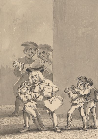 Hogarth gevolgd door Barry en een vriend werd betrapt terwijl hij een jongen aanmoedigde om te vechten om zijn angstige gelaatsuitdrukking te vangen door John Thomas Smith