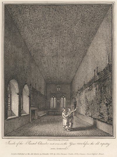 Binnen de Painted Chamber zoals het was in het jaar 1800 voordat het oude wandtapijt werd verwijderd door John Thomas Smith