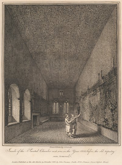 Binnenkant van de Painted Chamber zoals het was in het jaar 1800 voordat het oude wandtapijt werd verwijderd door John Thomas Smith
