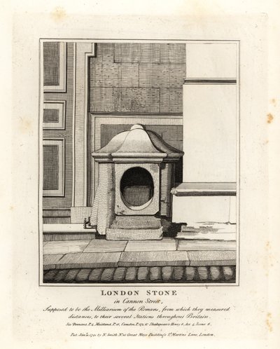 London Stone in Cannon Street, verondersteld de mijlpaal of Milliarium van de Romeinen te zijn door John Thomas Smith