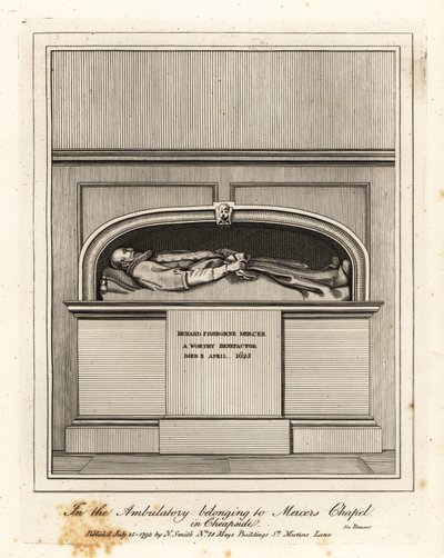 Monument voor Richard Fishbourne Mercer, overleden 1625, in de Ambulatorium in Mercers Chapel, Cheapside door John Thomas Smith