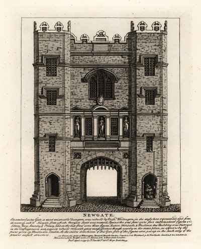 Newgate, herbouwd in 1672 na de Brand van Londen, met drie figuren Gerechtigheid, Moed en Voorzichtigheid van de voormalige poort gebouwd door burgemeester van Londen Richard Wittington door John Thomas Smith