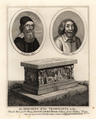 Ovale portretten van naturalisten en verzamelaars John Tradescant de Oudere en Jongere, en hun grafmonument in de kerk van St Mary Lambeth door John Thomas Smith