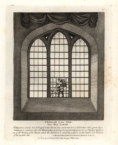 Marskramer en zijn hond in het glas-in-loodraam van de kerk in Saint Mary-at-Lambeth door John Thomas Smith