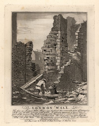 Ruïnes van de Romeinse Londense Muur blootgelegd door de brand van mei 1792 op Ludgate Hill door John Thomas Smith