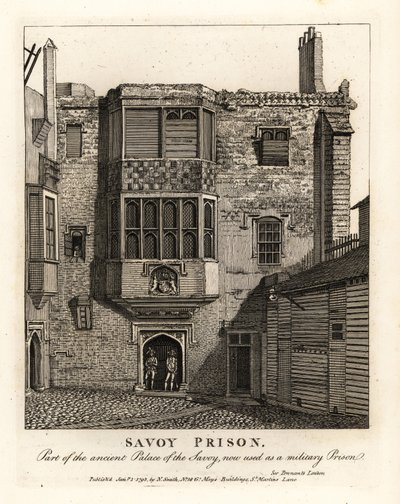 Savoy Gevangenis, deel van het oude Paleis van de Savoy, gebruikt als militaire gevangenis in de 18e eeuw door John Thomas Smith