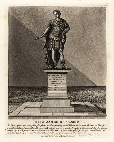 Standbeeld van koning James II van Engeland in kostuum als Romeinse keizer, Jacobus Seundus, ontworpen door Grinling Gibbons, in de Privy Gardens door John Thomas Smith
