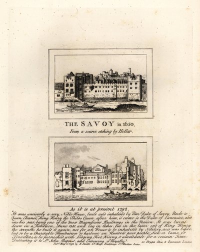 Het Savoy Ziekenhuis in 1650 van een prent door Wenceslaus Hollar en in ruïnes in 1792 door John Thomas Smith