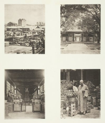 Een pandjeshuis in Canton, Honam Tempel, Canton, Tempel van Vijfhonderd Goden, Canton..., ca. 1868 door John Thomson