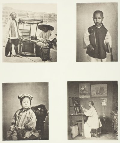 Een Hong-Kong draagstoel, een Chinese schooljongen, een Chinees meisje, een Hong-Kong kunstenaar, c. 1868 door John Thomson