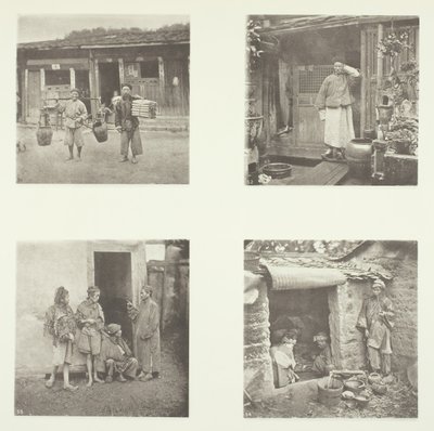 Foochow koelies, een Foochow-detective, de dievenchef, bedelaars die in een toren wonen, ca. 1868 door John Thomson
