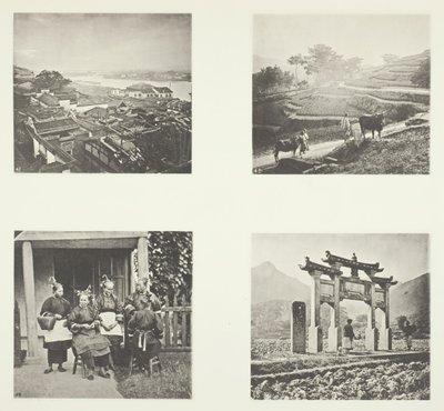 Deel van Foochow Foreign Settlement, terrassenheuvels, Foochow-veldvrouwen, een gedenkboog, ca. 1868 door John Thomson