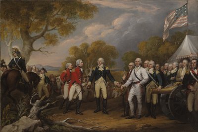 Slag bij Saratoga, de Britse Generaal John Burgoyne geeft zich over aan de Amerikaanse Generaal, Horatio Gates, 17 oktober 1777, c.1822-32 door John Trumbull