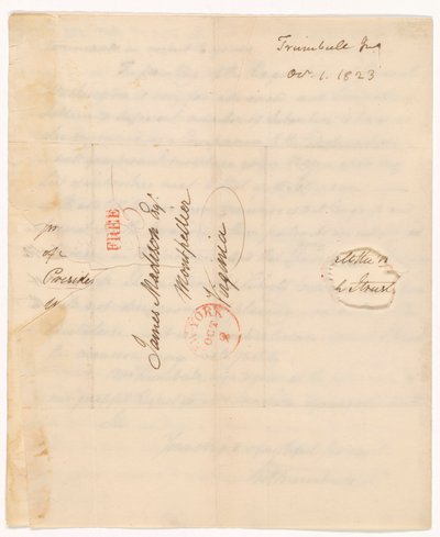 Brief van John Trumbull (1756-1843) aan President Madison gedateerd 1 okt. 1823 door John Trumbull