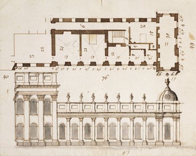 Castle Howard, Yorkshire: Een Vroeg Ontwerp voor de Drie Bays van de Gevel van de Zuid- of Tuinzijde en Negen Bay Enkel Verdieping Lagere Laterale Vleugels met een Inzet van het Grondplan, c.1699 door John Vanbrugh
