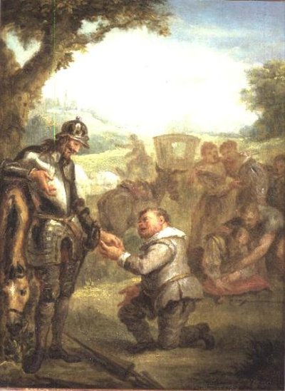 Don Quichot na het duel met de dappere Biscayaan, leunt op zijn paard Rosinante, terwijl Sancho Panchez vraagt om het gouverneurschap van het eiland Barataria, scène uit Cervantes