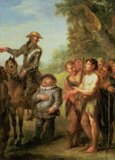 Don Quichot bevrijdt de galeislaven, uit Cervantes Don Quichot door John Vanderbanck