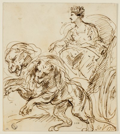 Cybele op een door leeuwen getrokken wagen door John Vanderbank