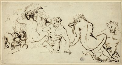 Schetsen van nimf, sater en putto door John Vanderbank