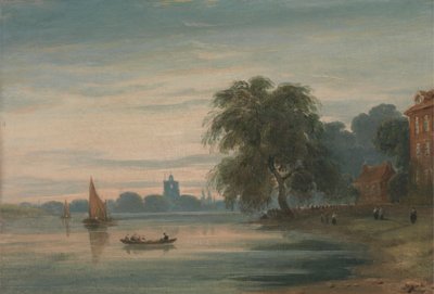 Een uitzicht langs de Theems richting Chelsea Old Church door John Varley