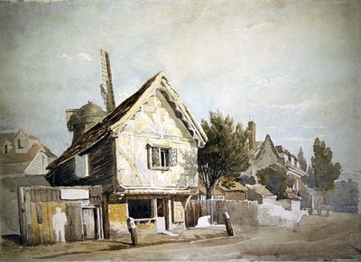 Een straat met oude huizen, een molen daarachter door John Varley