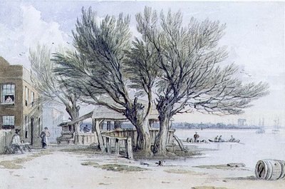 Gebouwen en Geknotte Bomen aan de Oevers van de Theems, Millbank door John Varley