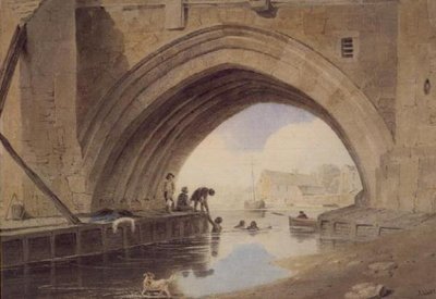 Kinderen zwemmen onder de Ouse-brug in York door John Varley