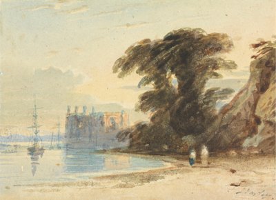 Rivierlandschap met figuren door John Varley