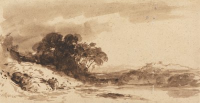 Rivierlandschap met Twee Figuren, Meer en Verre Bergen door John Varley