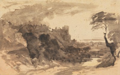 Romantisch landschap met een kasteel en een boom aan de rechterkant door John Varley