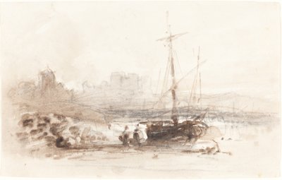 Zeilboot op een strand door John Varley