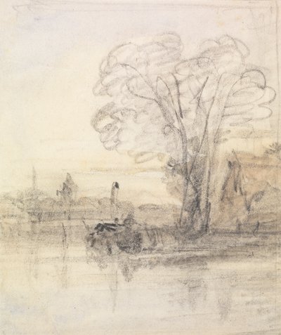 Bomen overhangend een rivier door John Varley