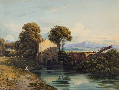 Watermolen met Verafgelegen Kasteel en Heuvels door John Varley