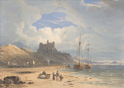 Bamborough Kasteel vanuit het Noordoosten, met Holy Island in de Verte, Northumberland, 1827 door John Varley I