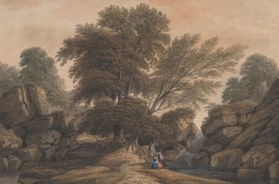 Figuren naast een waterval en poel in een bosrijk landschap, 1812 door John Varley I