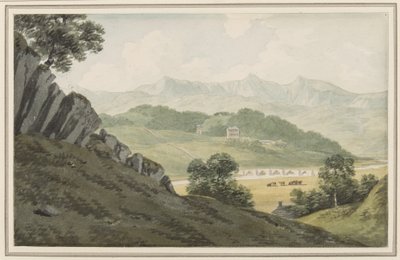 Llanelltyd Brug over de Maw, op de weg tussen Barmouth en Dolgellau, kijkend naar Hengwrt en verder naar Cader Idris, Merionethshire, 16 juli 1790 door John Warwick Smith