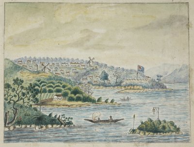 Een uitzicht op een Britse kolonie. Op de voorgrond, inboorlingen in een kano, uit een dagboek bijgehouden aan boord van het Minerva-transport, van Ierland naar New South Wales en Bengalen, door John Washington Price door John Washington Price