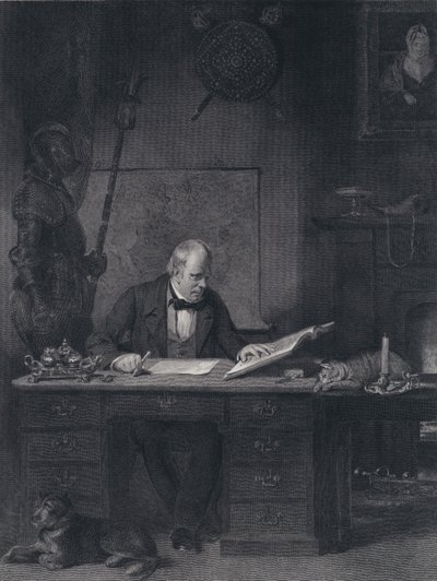 Sir Walter Scott in zijn studeerkamer (gravure) door John Watson Gordon