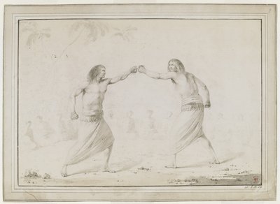 Twee mannen boksen, met toeschouwers zittend in een halve cirkel en palmbomen vaag op de achtergrond. door John Webber