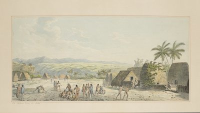 19: Een binnenlands uitzicht op Atooi, uit een serie aquarellen ter illustratie van Captain Cook