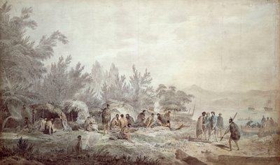 Kapitein Cook in Ship Cove, Queen Charlotte Sound door John Webber