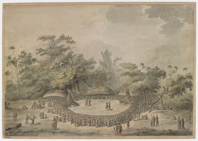Kapitein Cook zittend met de hoofden, kijkend naar twee paren vechters; een paar bokst, het andere paar vecht met knuppels, binnen een grote cirkel van toeschouwers. Enkele mannen van Cook