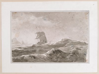 Tekening van een Europees schip onder zeil in zware zee; waarschijnlijk niet een van Cook