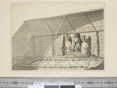F.18 De binnenkant van het huis, in de Morai, in Atooi, ca. 1773-84 door John Webber