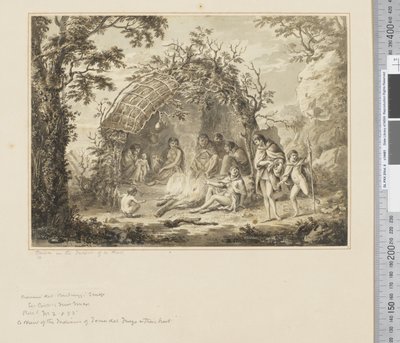 Inheemsen in het interieur van een hut door John Webber